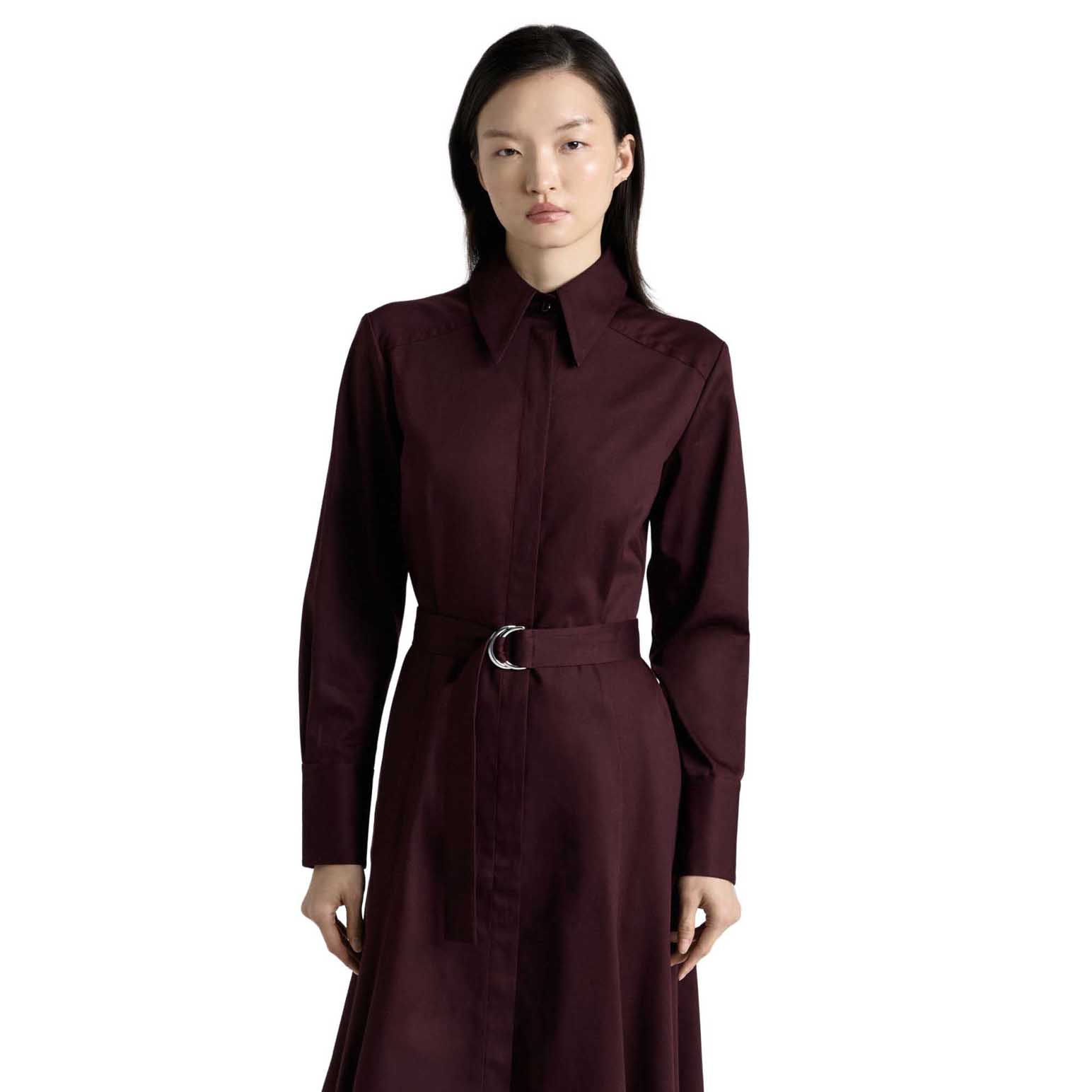 Cue Wine Stretch Sateen Belted Shirt Dress